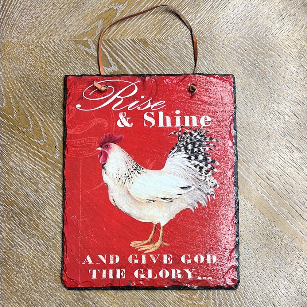 Red Decorative Plaque with Rooster Design ”Rise & Shine and give God the glory”